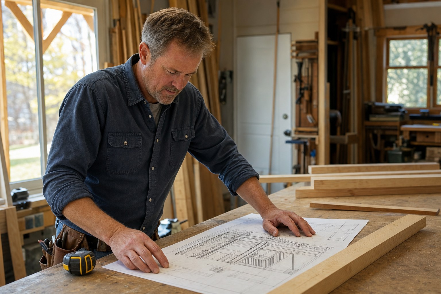 Carpenter reviewing porch plans at a workbench