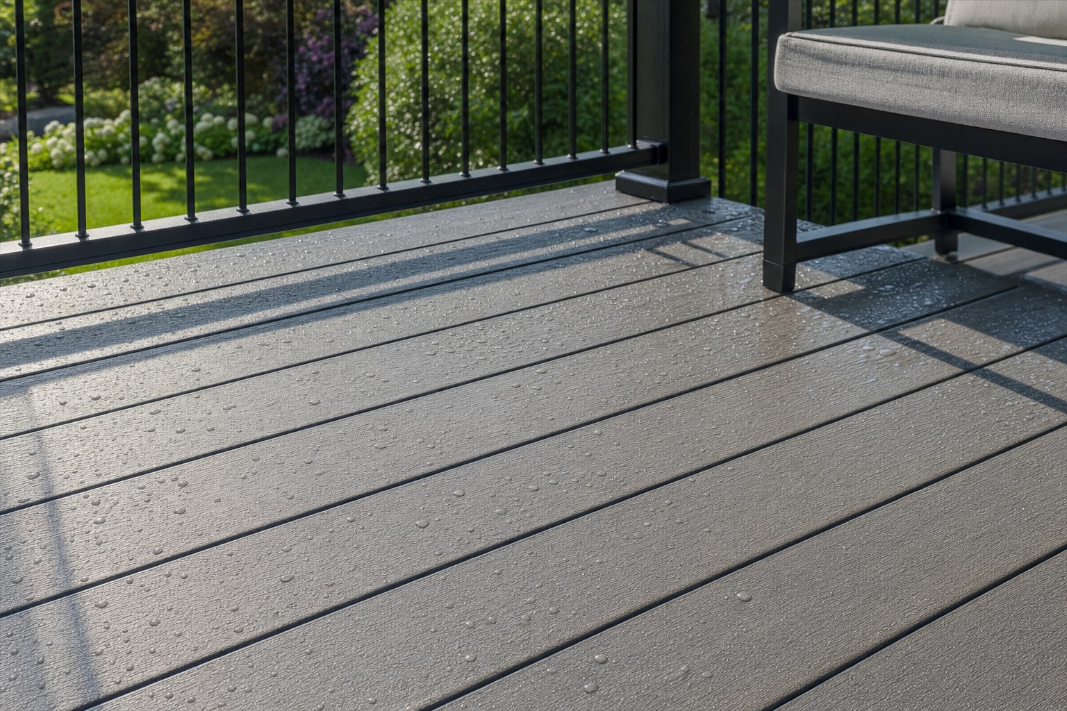 Gray composite deck boards with black aluminum railing
