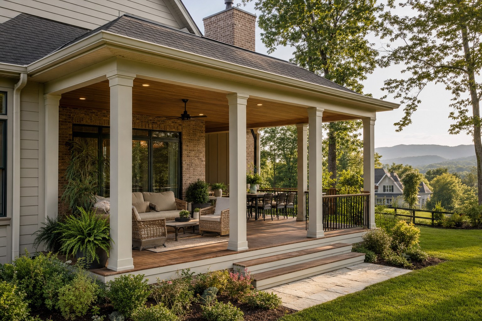 Covered porch with stained pine ceiling and square columns
