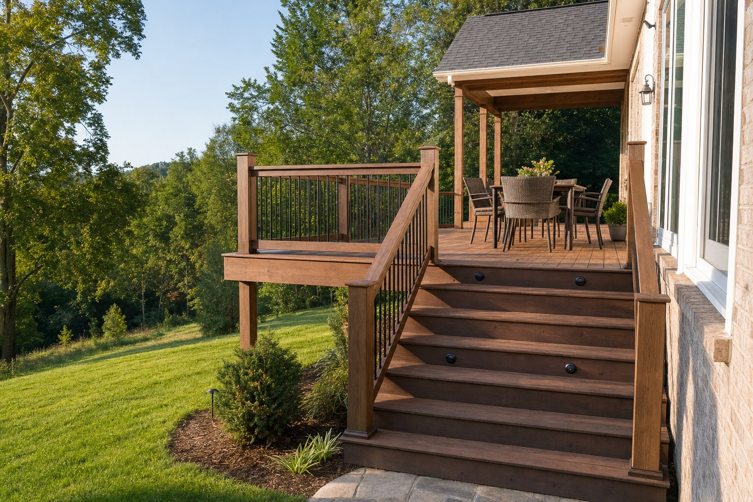 Pressure-treated deck with wide stairs to a backyard