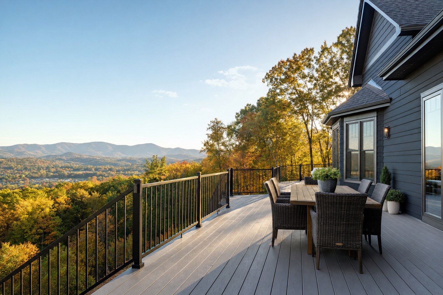 Gray composite deck with black railings overlooking a wooded Roanoke Valley view