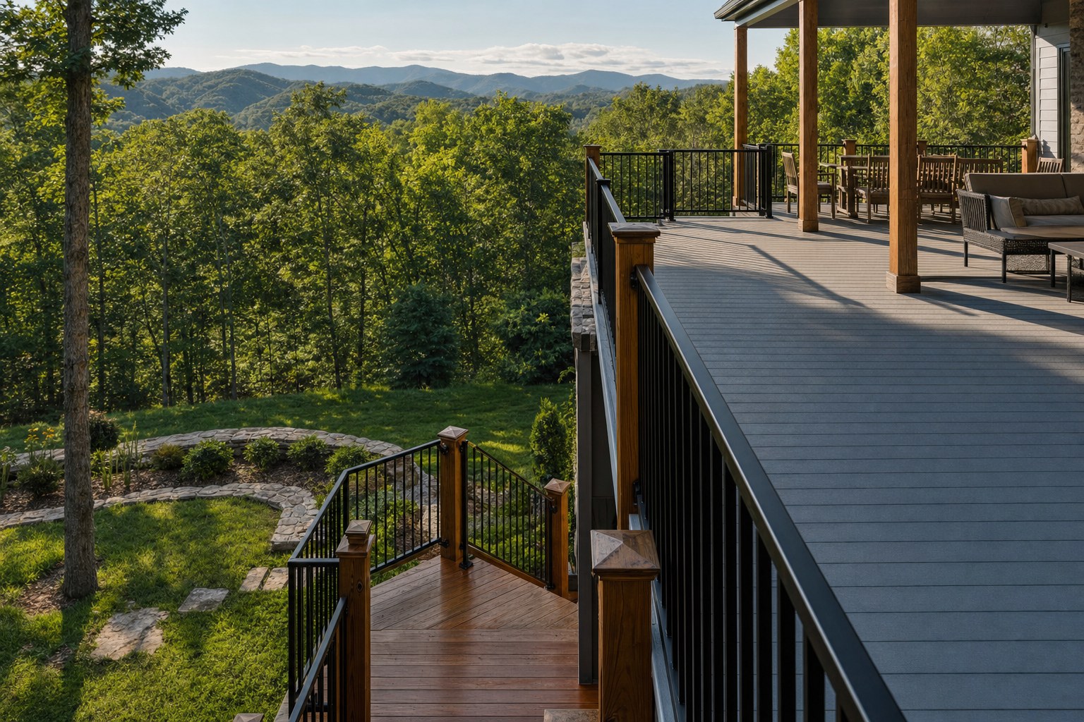 Gray composite deck with stained wood stairs to the yard