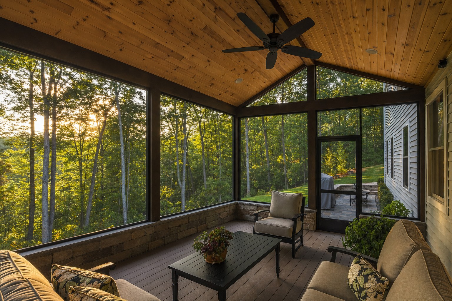 Screened room with vaulted wood ceiling and ceiling fan
