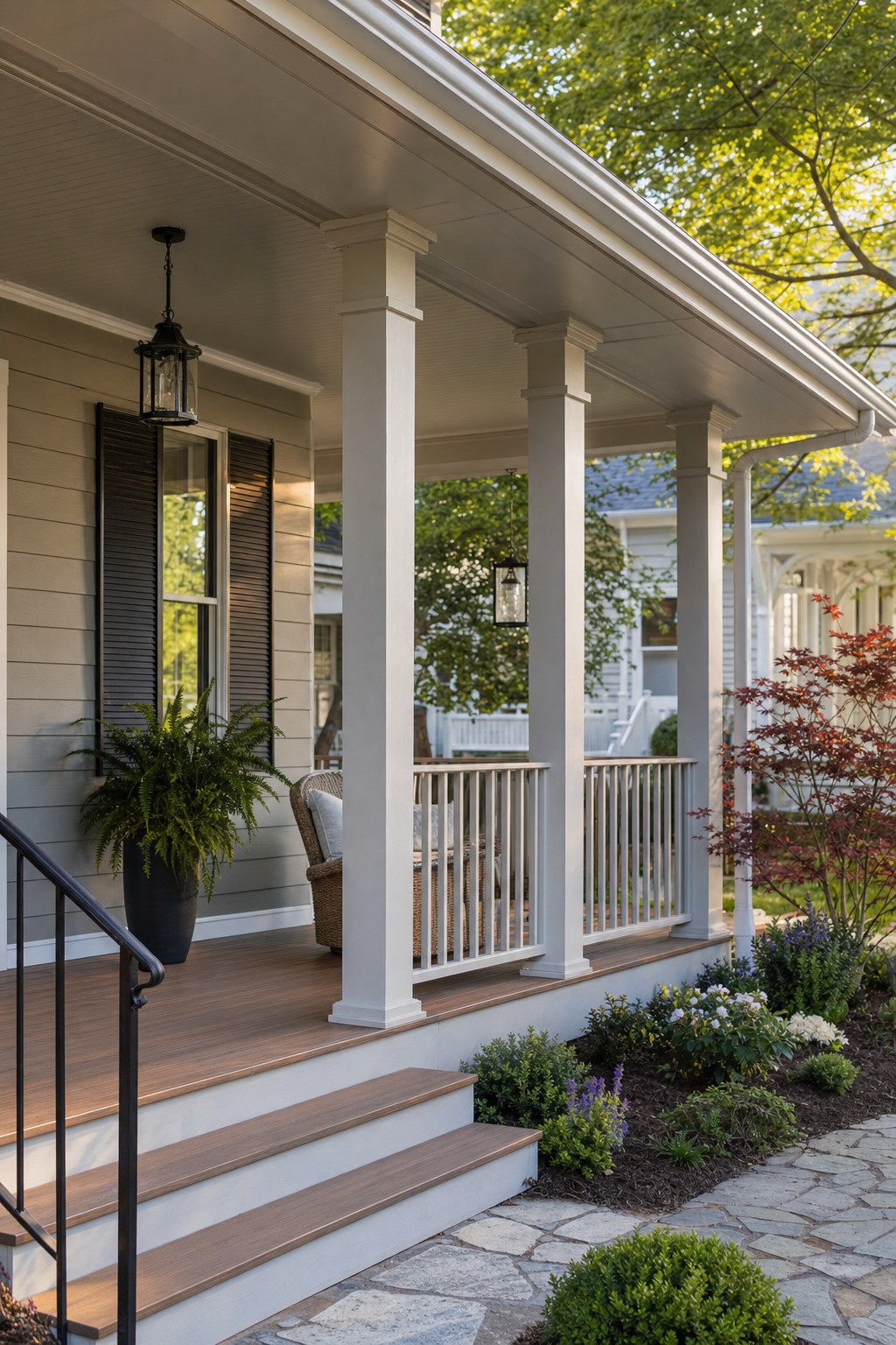 Covered front porch with square columns and a painted wood floor
