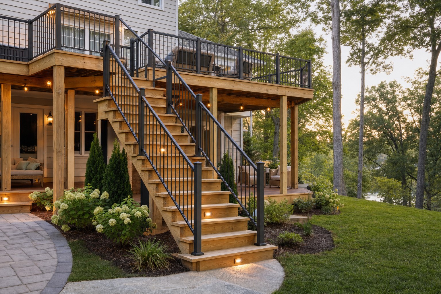 Two-level deck with wide stairs leading to a backyard