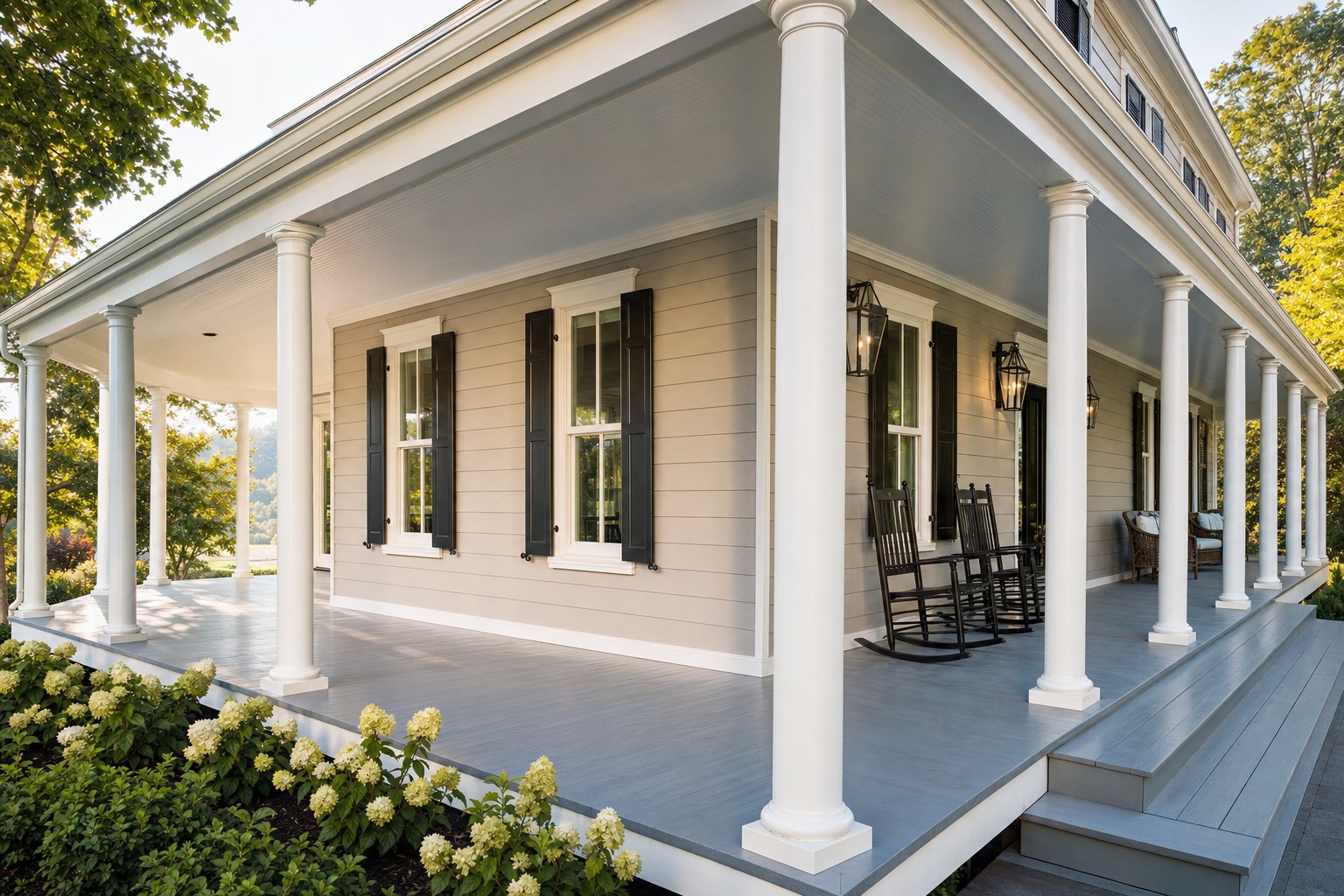 Bedford wraparound porch with a beadboard ceiling